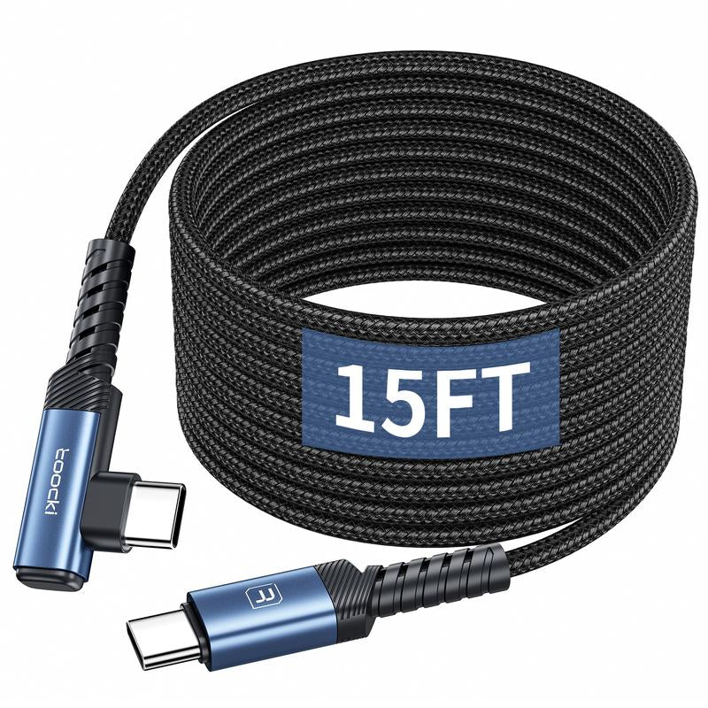 15FT Right Angle USB C Cable, 60W Extra Long USB C Charging Cord Nylon Braided USB C Charger Cable for Iphone 16/15 Pro Max, Ipad/Macbook, Galaxy S20, Pixel, Switch, Camera