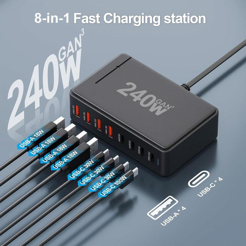 240W USB C Desktop Charging Station, 8 Ports PD 3.0 USB C Fast Charger Block for Cellphone Smartphone, Fast Charger Power Adapter for Macbook Pro/Air, DELL, Steam Deck, Iphone, Electronic Mobile Phone Accessories