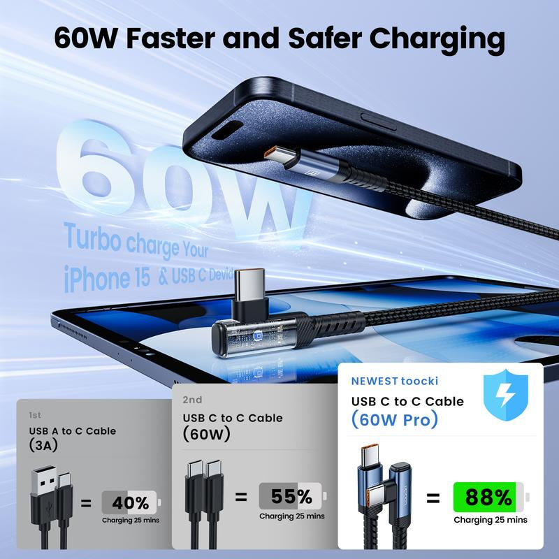 15FT Right Angle USB C Cable, 60W Extra Long USB C Charging Cord Nylon Braided USB C Charger Cable for Iphone 16/15 Pro Max, Ipad/Macbook, Galaxy S20, Pixel, Switch, Camera