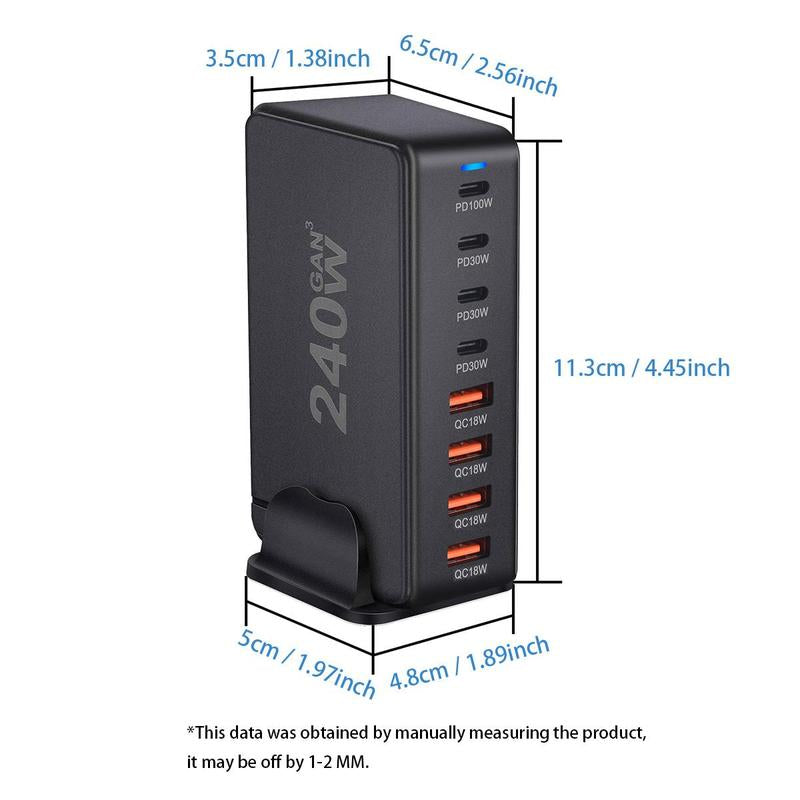 240W USB C Desktop Charging Station, 8 Ports PD 3.0 USB C Fast Charger Block for Cellphone Smartphone, Fast Charger Power Adapter for Macbook Pro/Air, DELL, Steam Deck, Iphone, Electronic Mobile Phone Accessories